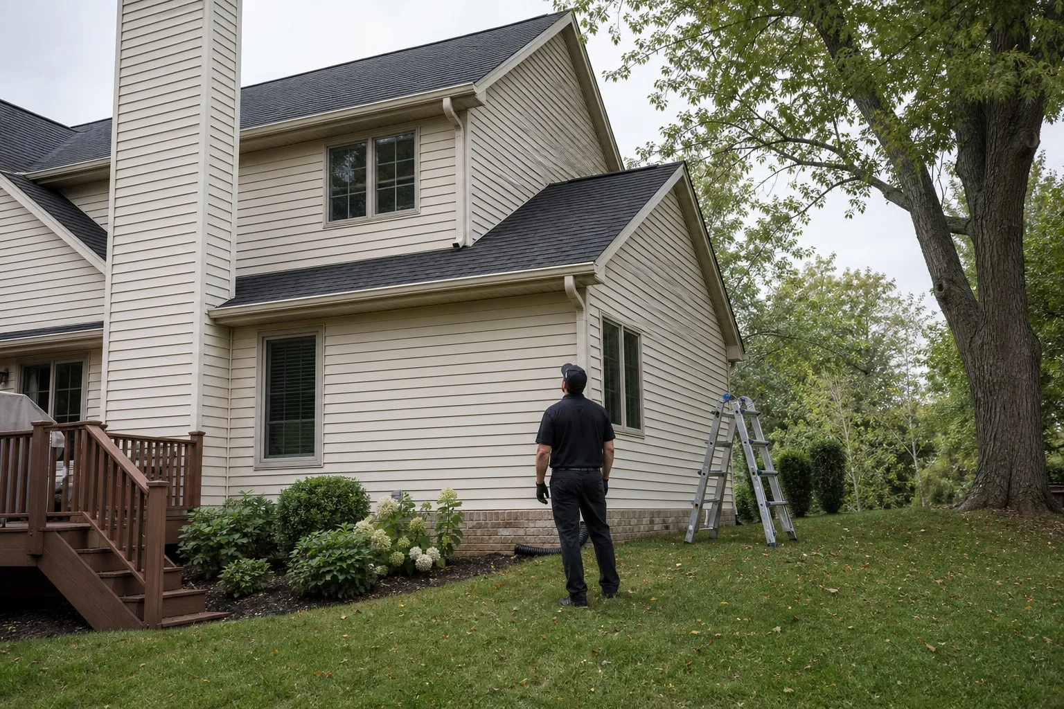 A gutter-cleaning professional evaluating roofline access from the ground