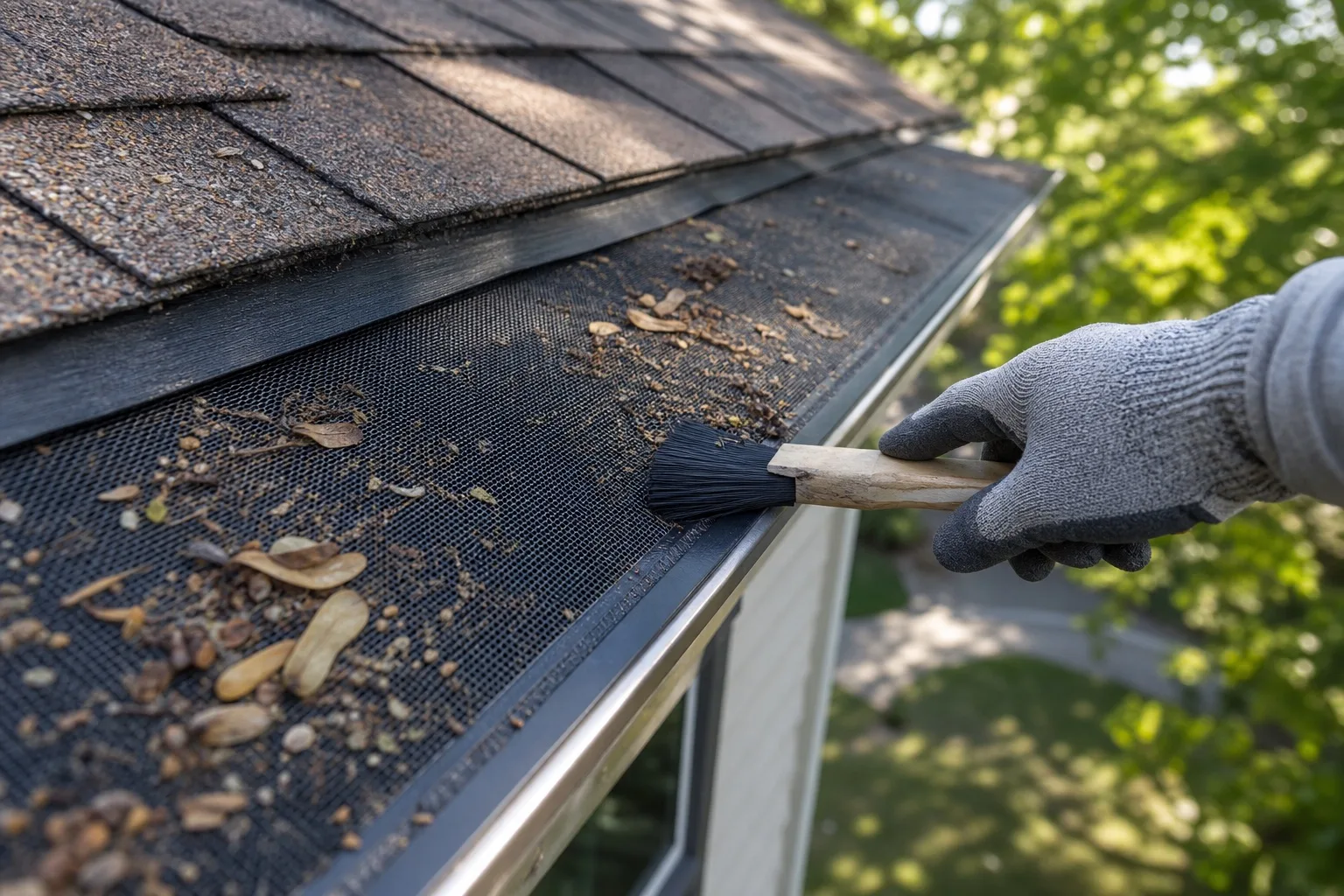 A gloved hand brushing leaves and grit from a residential micro-mesh gutter guard