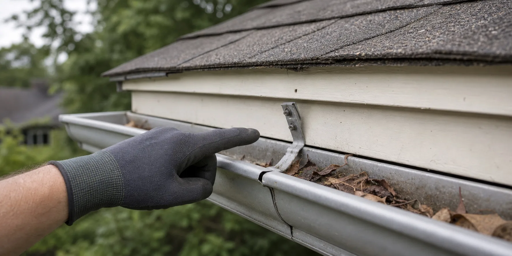 A gutter professional inspecting a residential gutter joint for repair needs