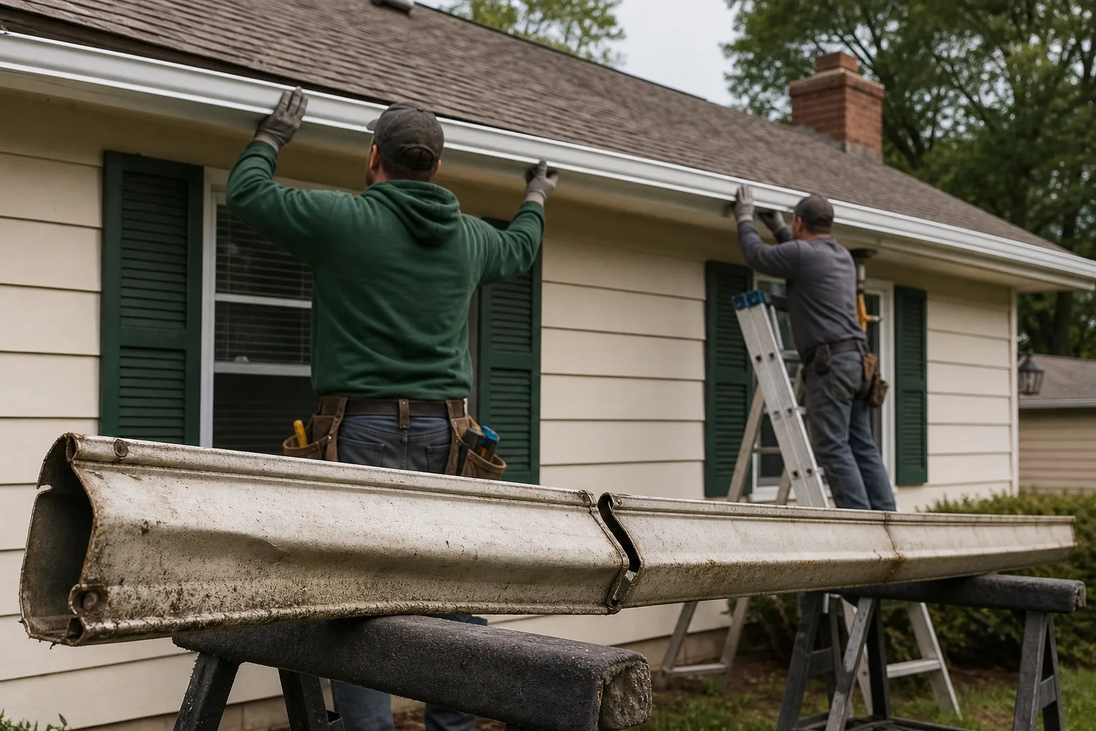 An aging gutter section beside workers aligning a new residential gutter