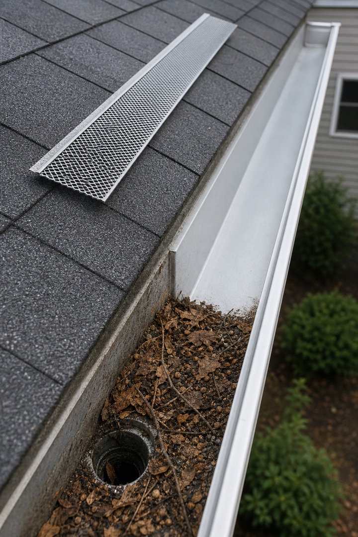 Oblique close-up of one residential gutter showing compacted leaves and roof grit near an open outlet, a cleared section farther along the same trough, and an unattached micro-mesh guard panel resting on the shingles.