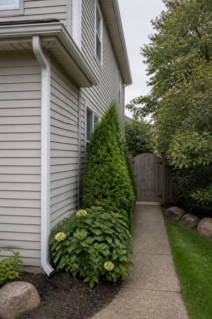 Narrow side yard beside a two-story home showing an eave gutter, downspout, landscaping, walkway, and closed gate.