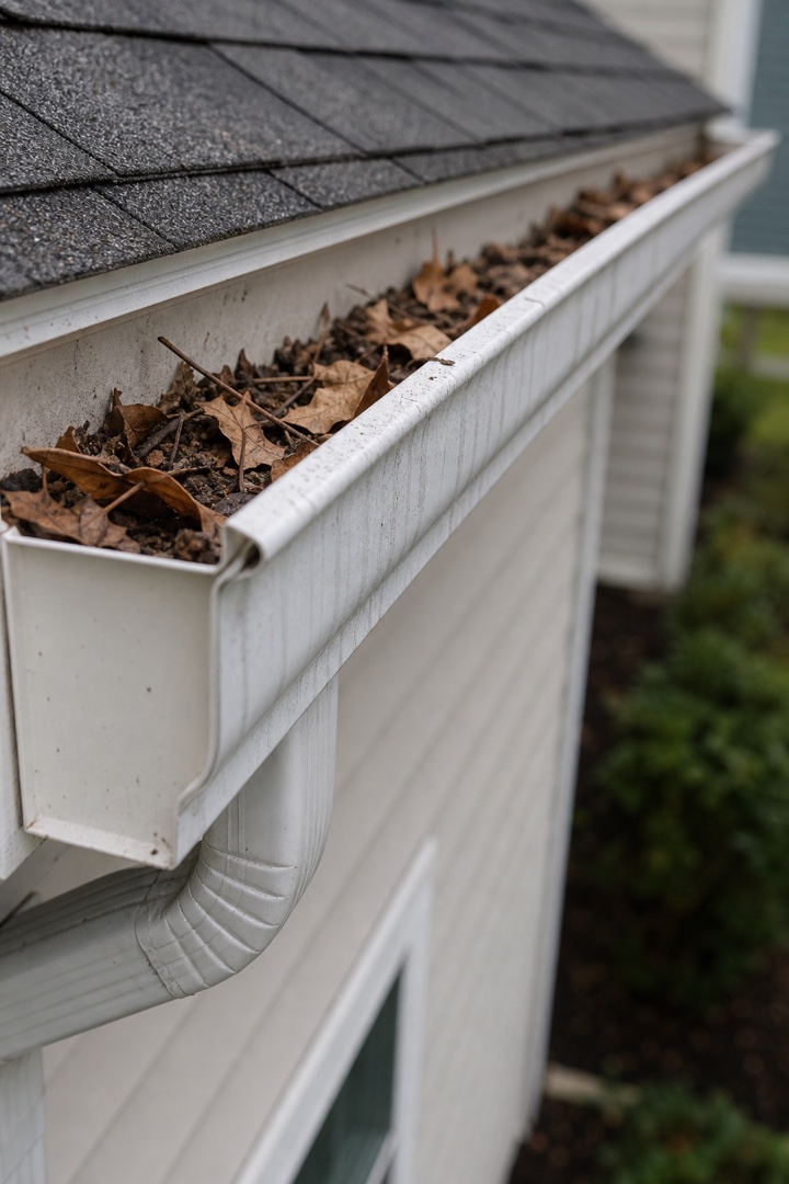 Oblique close-up of a white residential gutter showing dry leaves and roof grit inside the trough and gray vertical streaking on the exterior face.