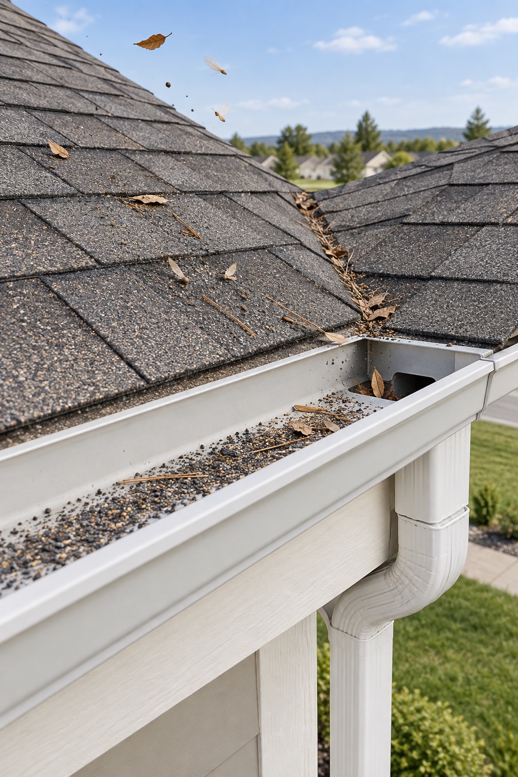 Low-tree-cover residential roof showing light wind-carried debris and asphalt-shingle granules collecting in a roof valley and open gutter near the downspout outlet.