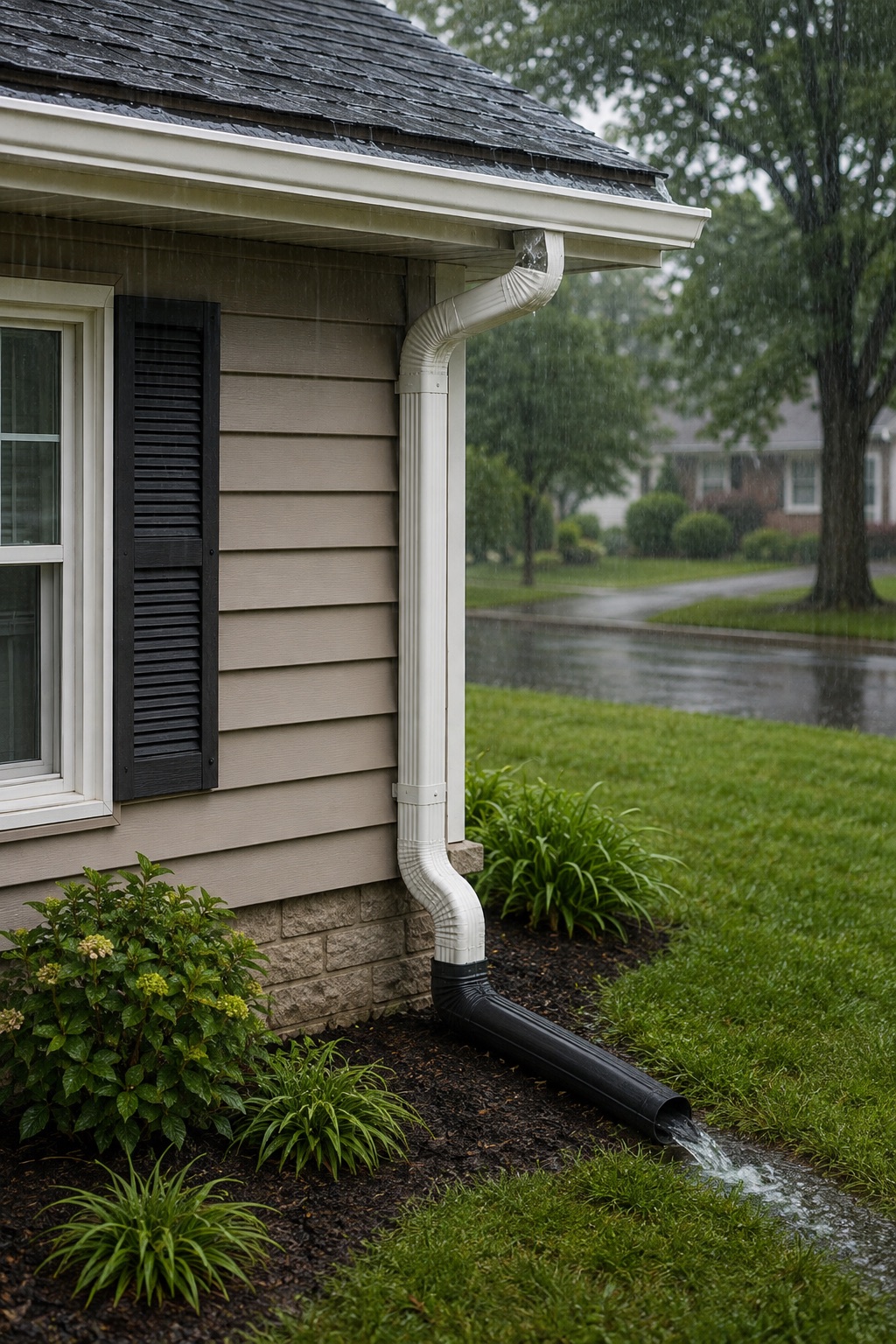 Residential gutter and connected downspout carrying rainwater to an extension that discharges onto grass away from the foundation